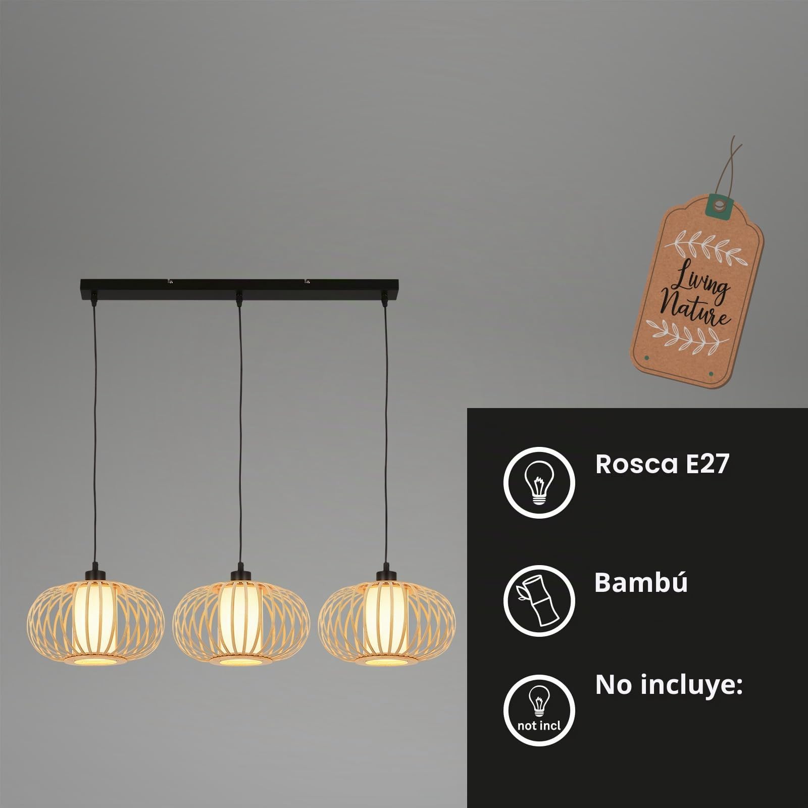 BRILONER - Lámpara Colgante de Bambú, Lámpara de Techo para el Salón, de Madera, Estilo Boho, Casquillo E27, 70x28x120 cm (LxAnxAl)