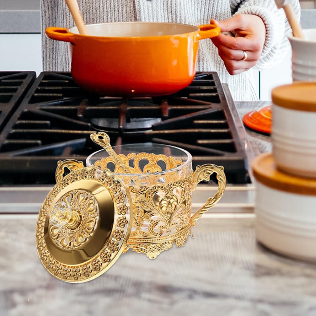 PRETYZOOM 2pcs Sugar Bowl with Lid and Spoon Turkish Sugar Container Coffee Storage Jar Glass Condiment Pot Golden Embossed Saltbox Candy Holders Kitchen Food Canister