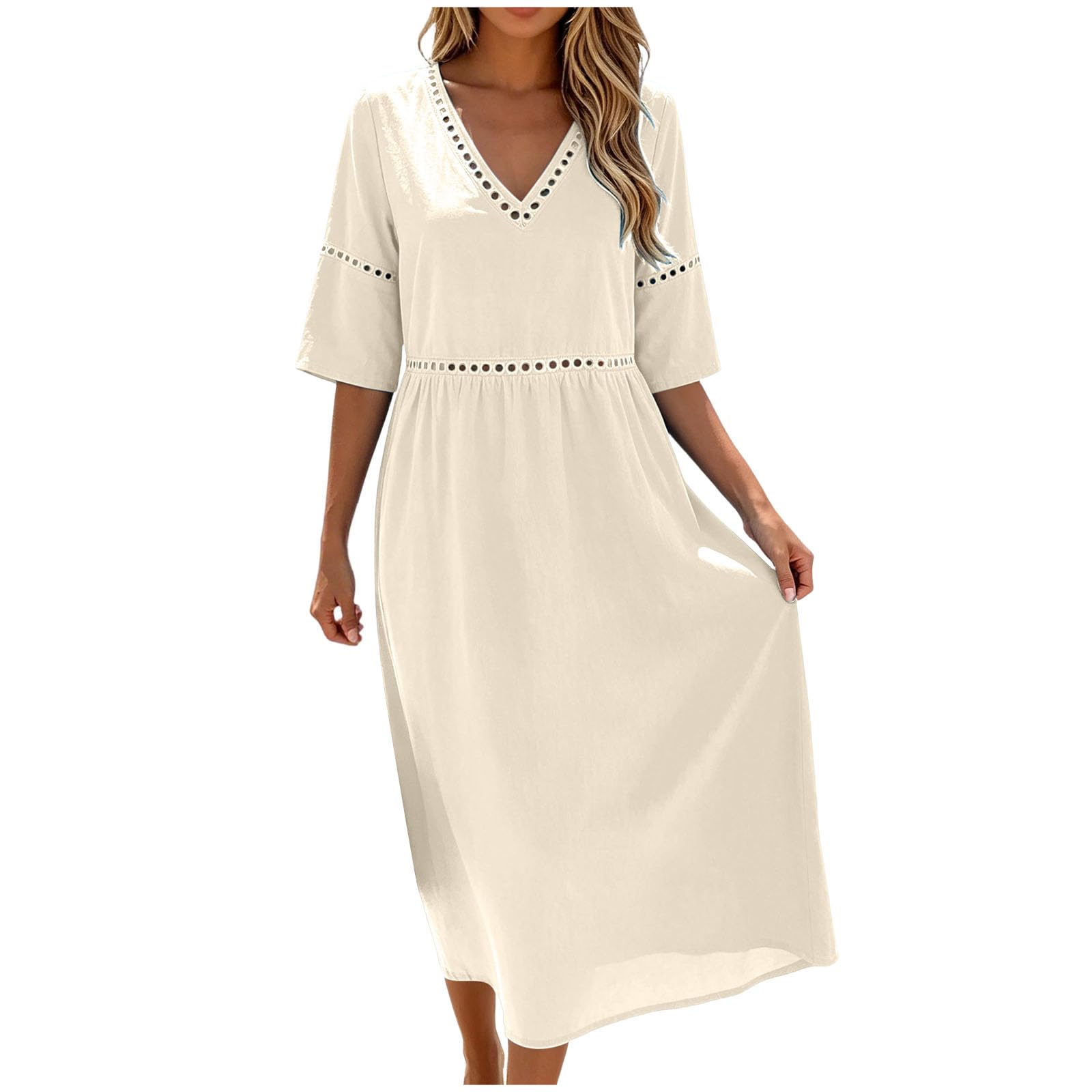 Abito Lino Donna Abito Estivo a Maniche a 3/4 Vestito Boho Chic Vacanza Comodo Taglie Forti Vestito Lungo in Cotone Scollo a V Largo Vestiti da Spiaggia Ideale per vacanze, lavoro e uso quotidiano