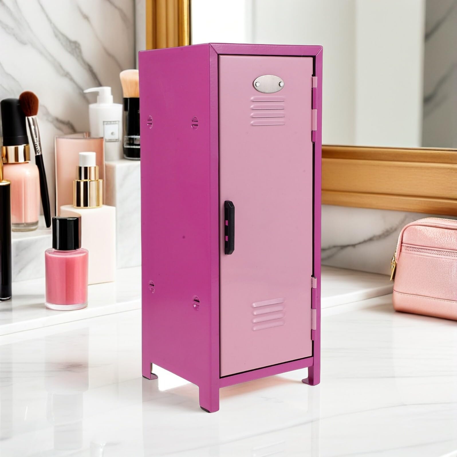 Kleiner Kosmetik Aufbewahrungsbox aus Eisen mit Deckel Multifunktionaler Make Up Organizer für Schreibtisch Rosa mit Mehreren Fächern für Hautpflege und Beauty Zubehör