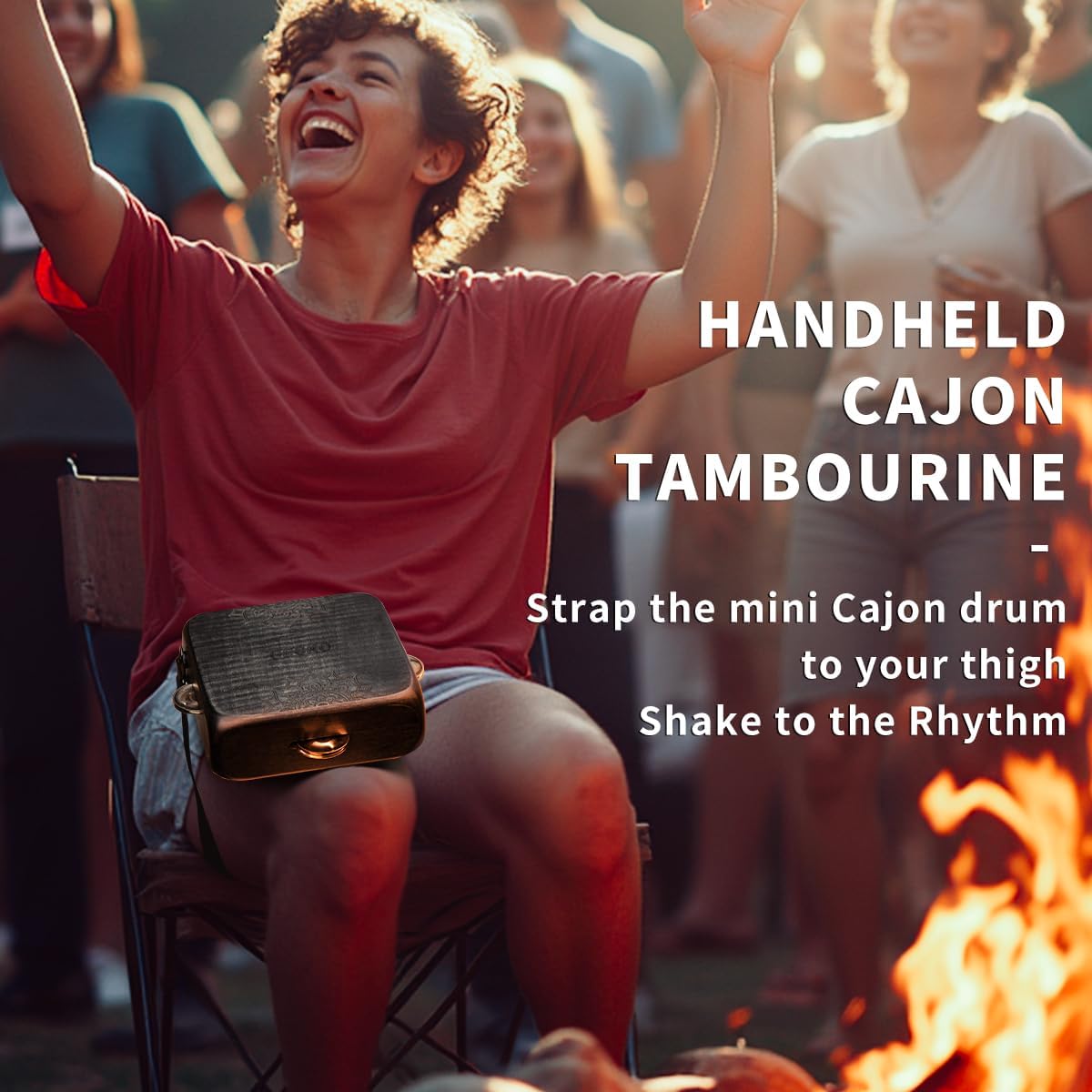 Tambourine Cajon Drum with Jingles, Wearable Strap, Storage Bag, Handheld Percussion Instrument, Portable Cajon for Rhythm Practice & Live Performance (Black)