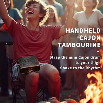 Tambourine Cajon Drum with Jingles, Wearable Strap, Storage Bag, Handheld Percussion Instrument, Portable Cajon for Rhythm Practice & Live Performance (Black)