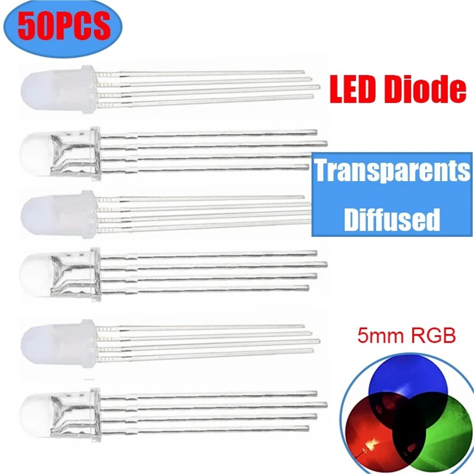 Diodo luminescente da 50 pezzi 5mm F5 Diodi catodici/anodici diffusi/trasparenti Evidenziazione LED a colori RGB Rosso Verde Blu(Diffused Anode)