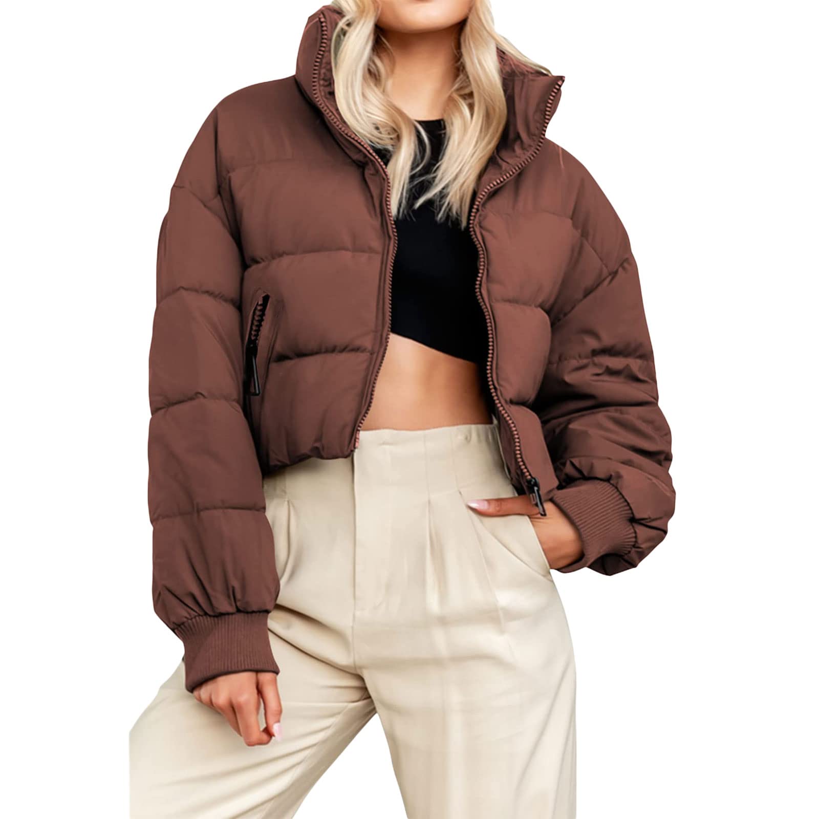 Chaqueta Acolchada Recortada De Invierno para Mujer Chaqueta Holgada Corta Cálida Combina Bien con Suéteres, Vestidos, Jeans, Botas O Zapatillas De Deporte (B Coffee Large)