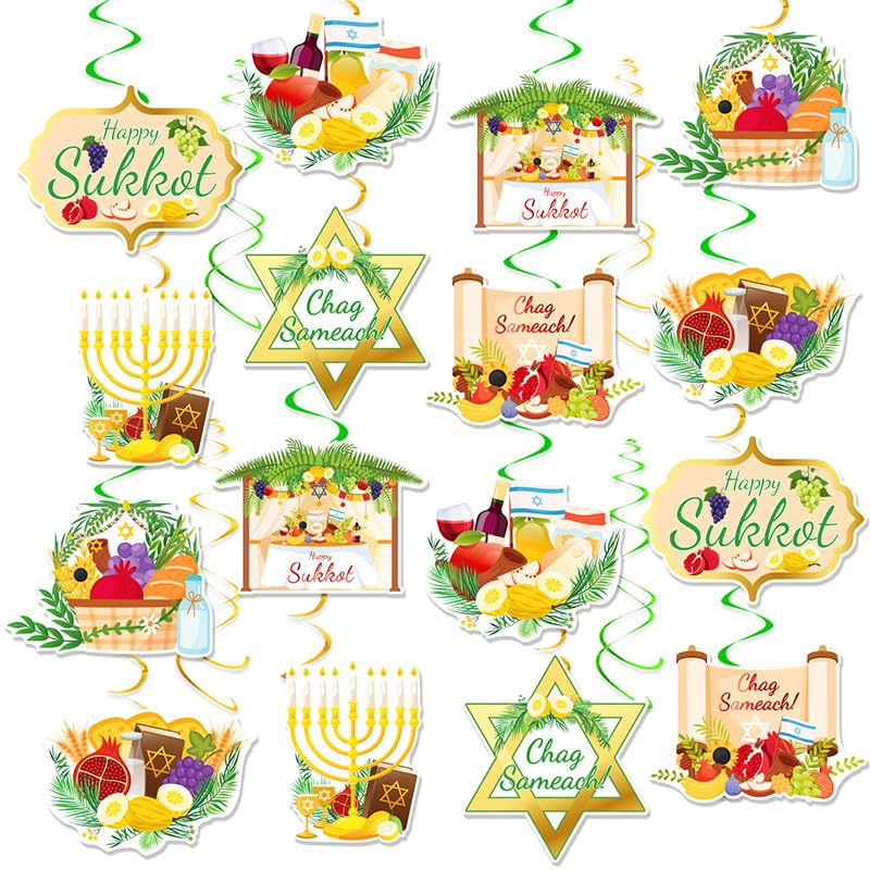 DPKOW 36pcs Sukkot Decorations Hanging Swirls, Sukkah Decorating Foil Swirls Etrog Lulav Happy Sukkot Decorations Israel Flag Pomegranate Jewish Holiday Ceiling Hanging Streamers Decorations Supplies