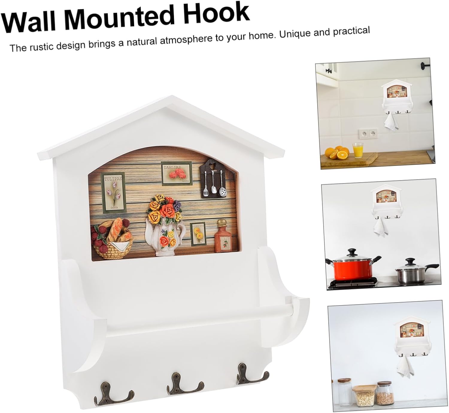 Amosfun 1pc Wooden Wall Mounted Storage Rack Towel Hanger for Bathroom Kitchen Home Space Saving Decorative Rack Easy to Install for Towels Keys