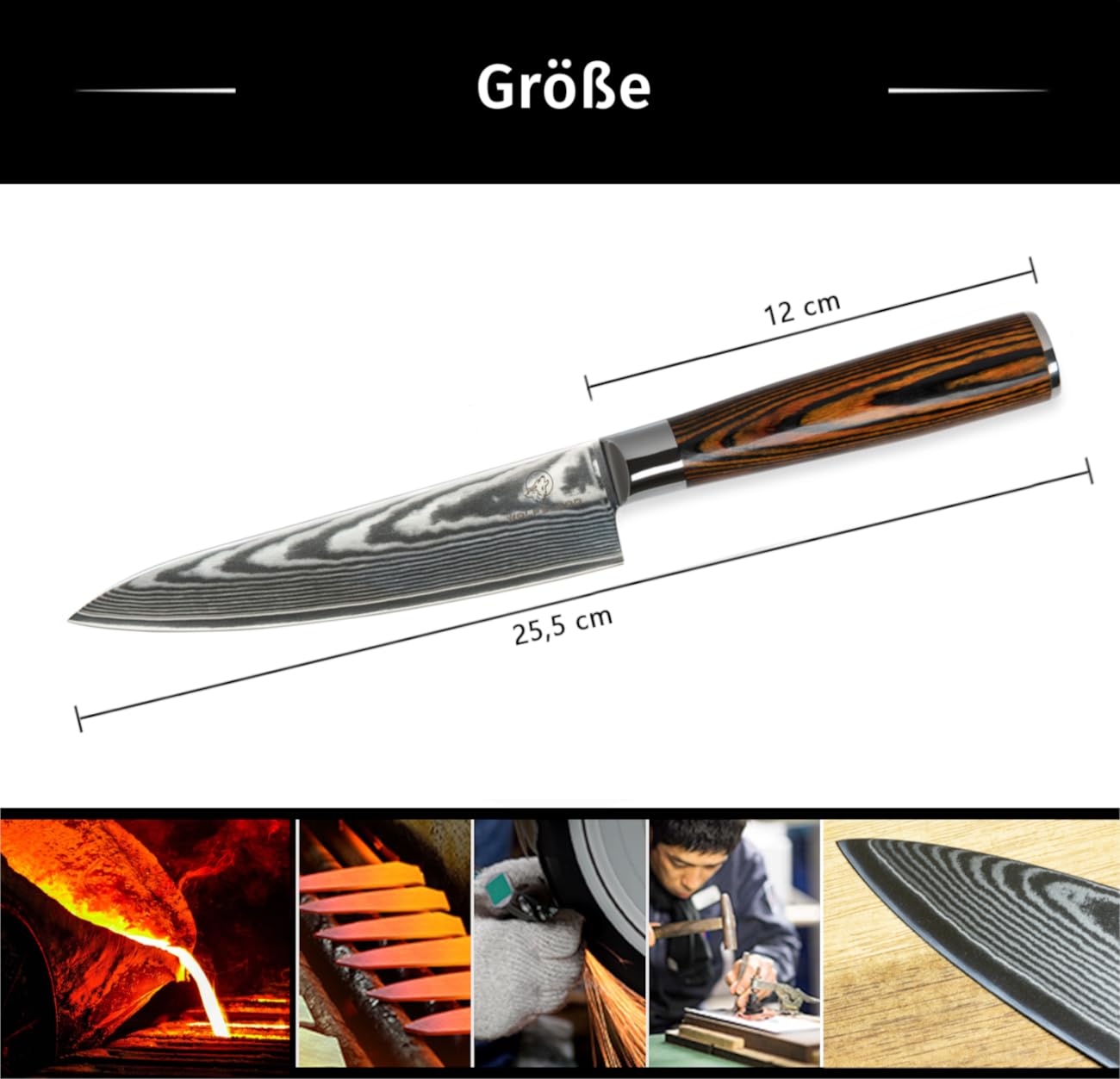 Wolfblood Damastmesser Küchenmesser L (26cm) TÜV geprüfter 62 HRC Damaststahl aus 67 Lagen I Damast-Küchenmesser Chefmesser mit Holzgriff Geschenkbox und Klingenschutz