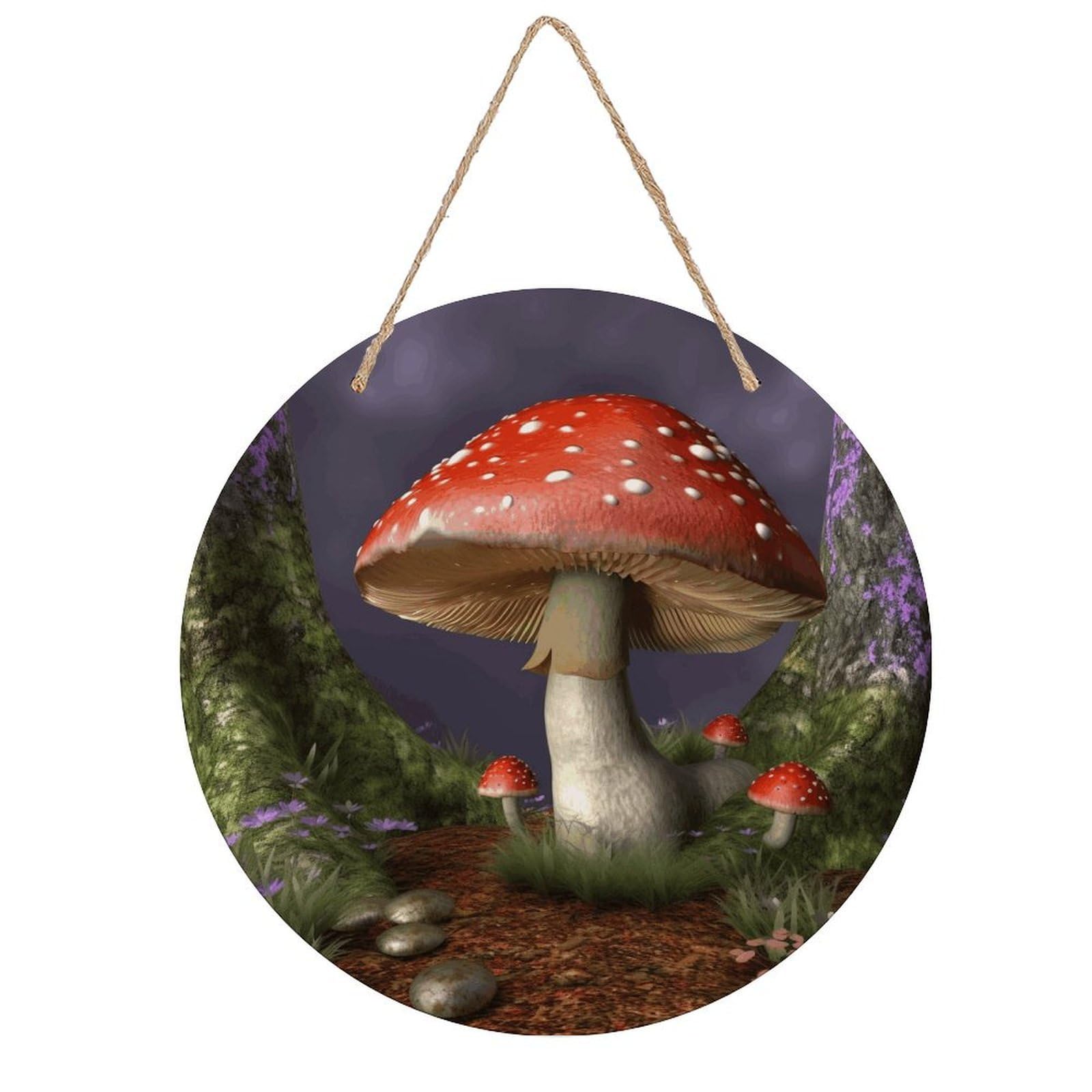 VstaDank Mushroom Wall Art Decor with Ropes Wooden Hanging Sign Hanging Wall Decor Artwork Round Wood Painting Modern Wall Prints Decor Picture for Office Bar Home Decors