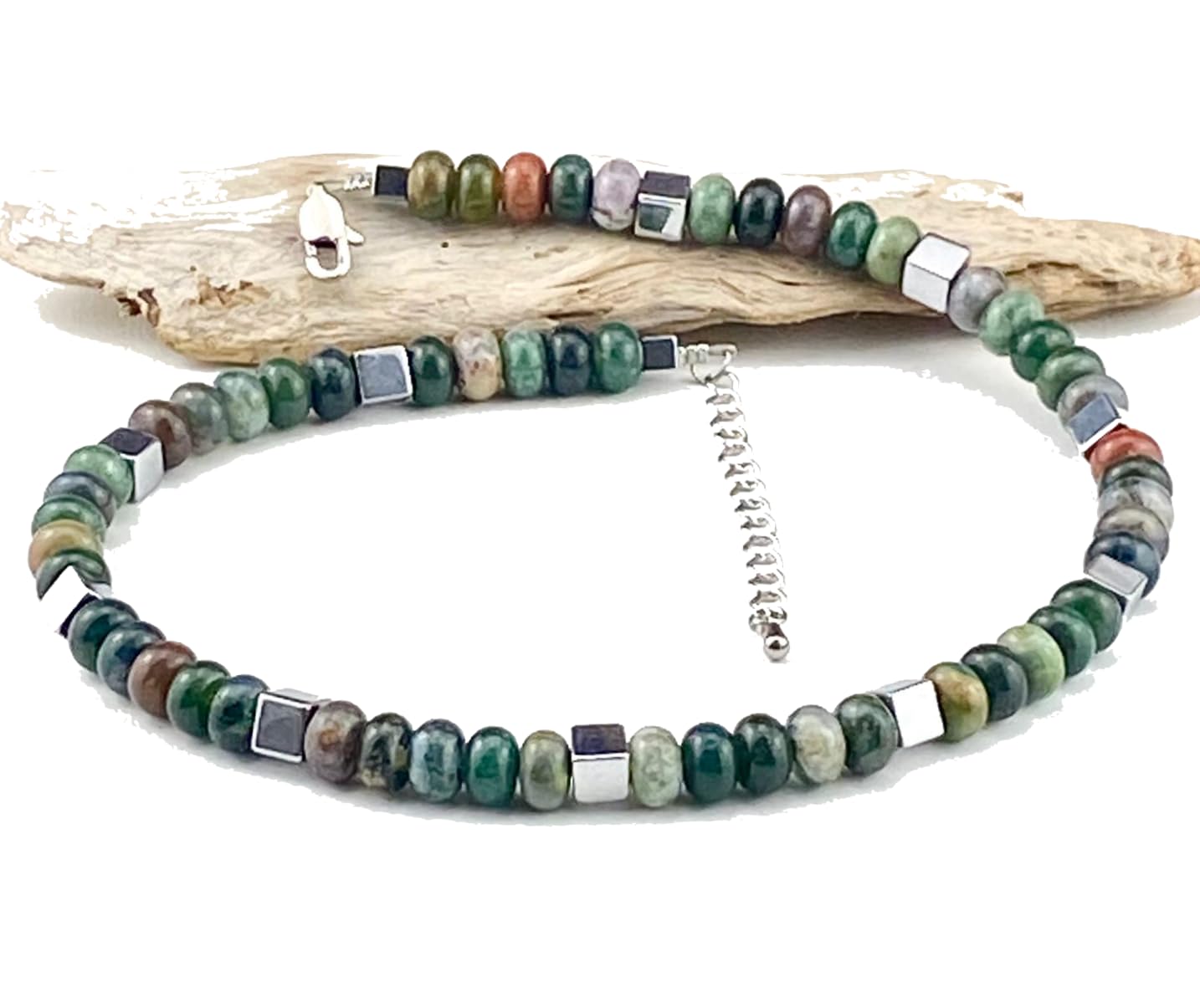 Handgemachte Moos Achat Perlen Kette mit versilberten Hämatit Würfel, Edelstahl Verschluss Unikat Edelsteinkette