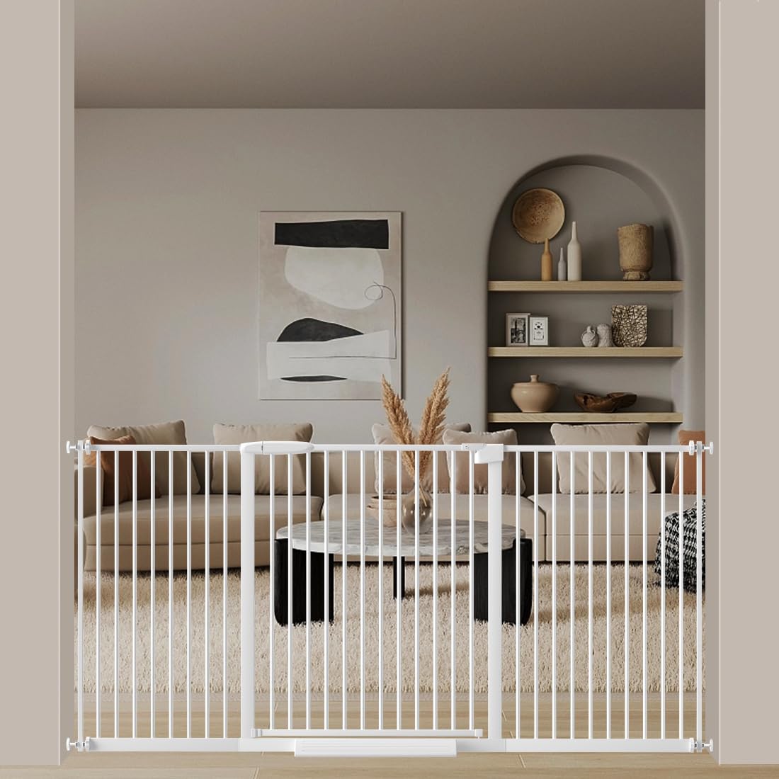 WAOWAO 1.37" Ultra Narrow Spacing Extra Wide Baby Gate 65.55-69.48" Pressure Mounted Walk Through Double Lock Swing Auto Close Safety White Metal Toddler Child Dog Pet for Indoor,Doorway,Kitchen