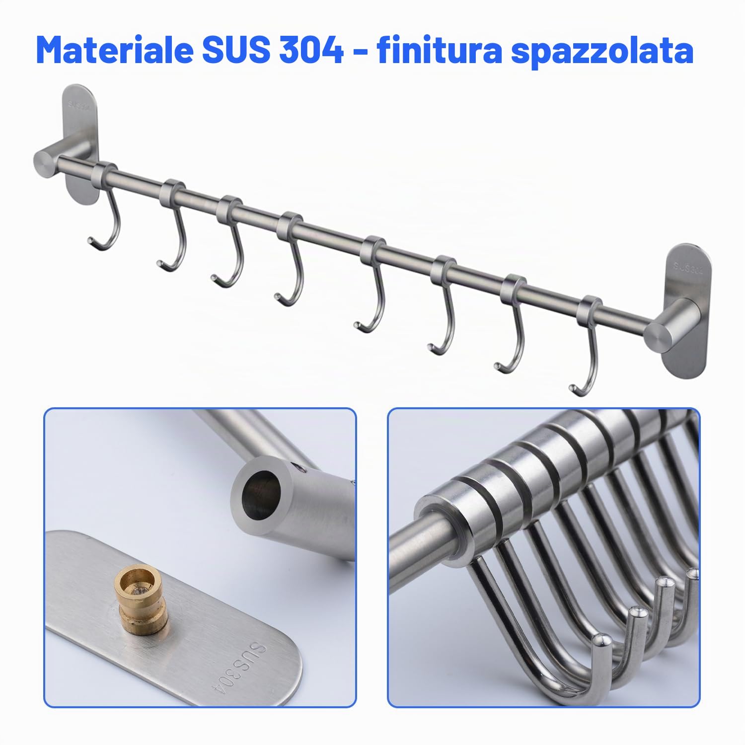 Porta Utensili da Cucina in Acciaio Inox con 12 Ganci Nessuna Perforazione, Nichel Spazzolato