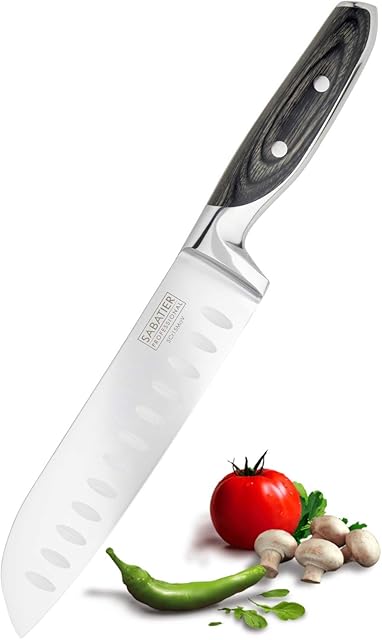 Sabatier Professional Oriental Santoku Knife - 5in/12cm Full Tang Blade Forged from High Chrome Taper Ground Stainless Steel, Twin Rivet Pakka Wood Handle. Sharper for Longer, by Taylors Eye Witness