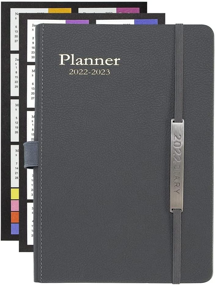A5 Size 2022-2023 Planner Academic Weekly & Monthly Planner Monthly Tabs, Leather Cover,Month Label,Thick Paper,Pencil String(E)