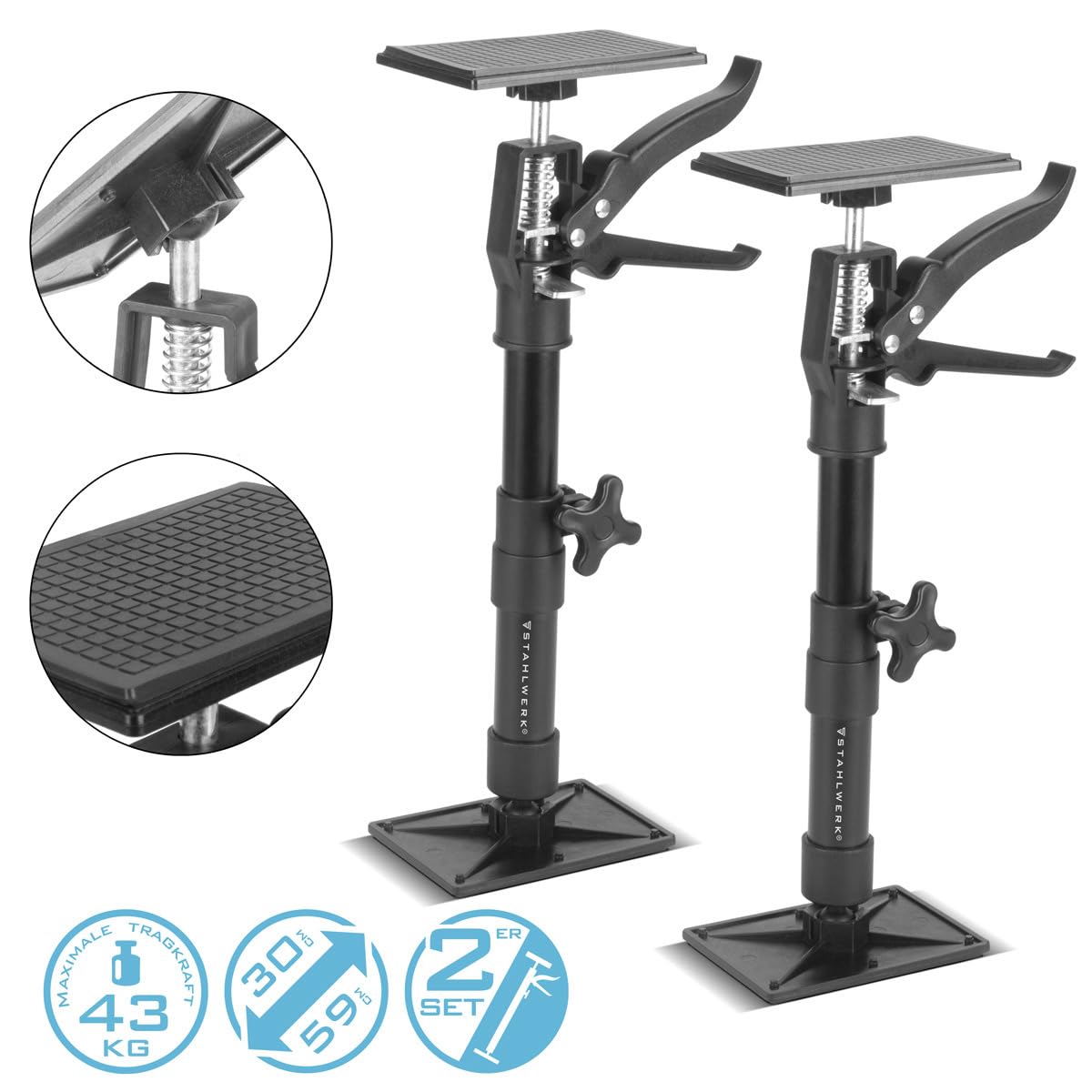 STAHLWERK Teleskop-Stützstange 2er Set 30-59 cm mit 43 kg Tragkraft Montagestütze | Baustütze | Teleskopstütze | Türspanner | Deckenstütze | Spannstütze | Einhandstütze | Schnellspannstütze