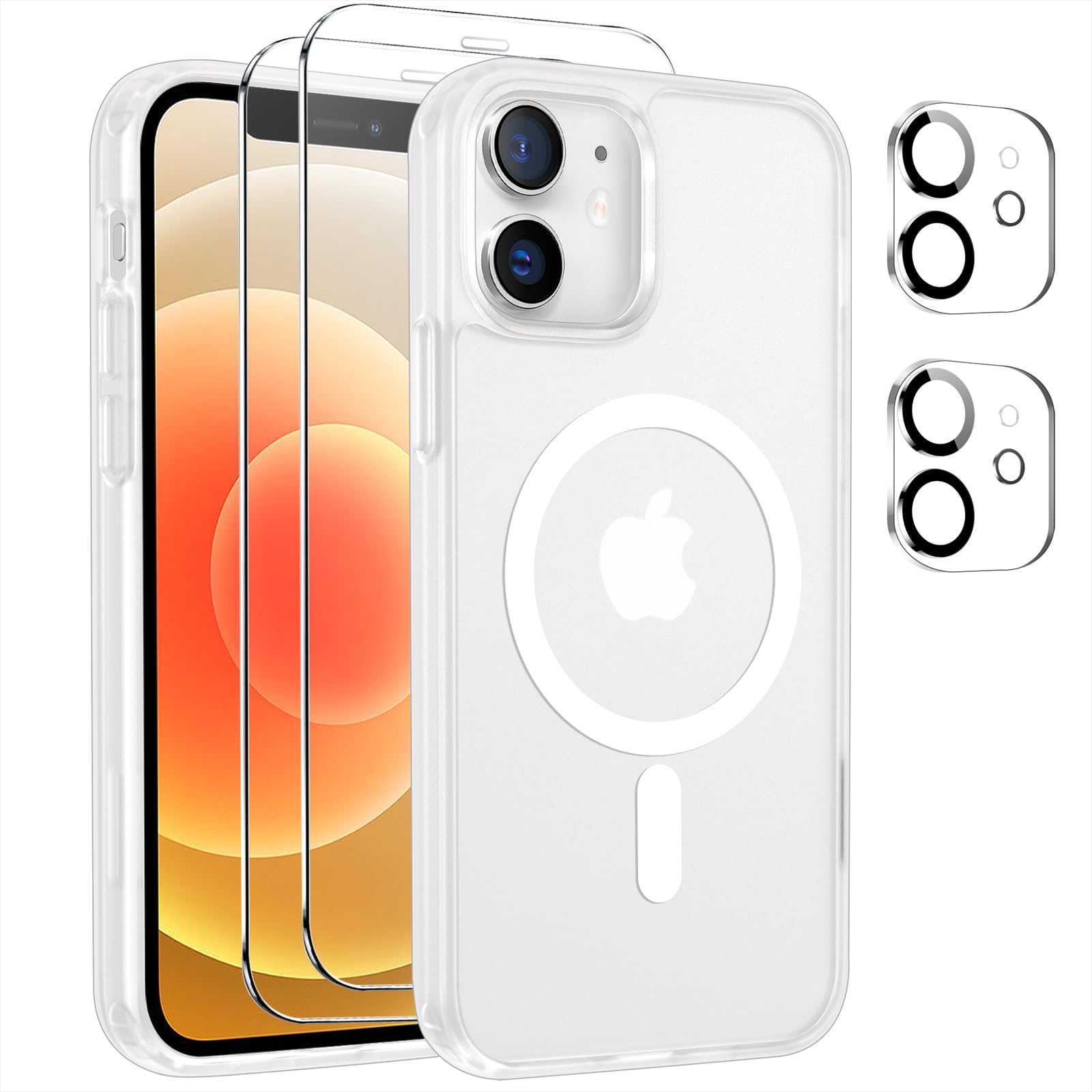Czyoa Magnetic Cover per iPhone 12 Compatibile con 2 vetri temperati e 2 vetri per Fotocamera, Translucent Matte Slim Back PC+TPU Bumper Shockproof - Trasparente Opaco