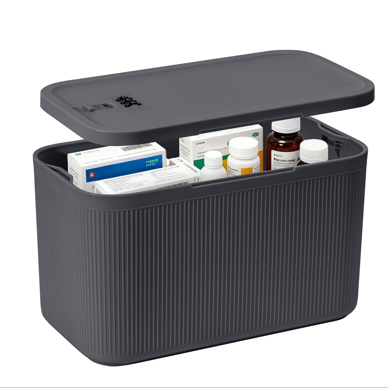 Small Medication Lock Box with Combination Code, Lockable Storage Box for Pills/Snacks/First Aid Kits, Phone/Personal Items, Secure Container for Home/Fridge/Office/Travel- Reusable (Gray)