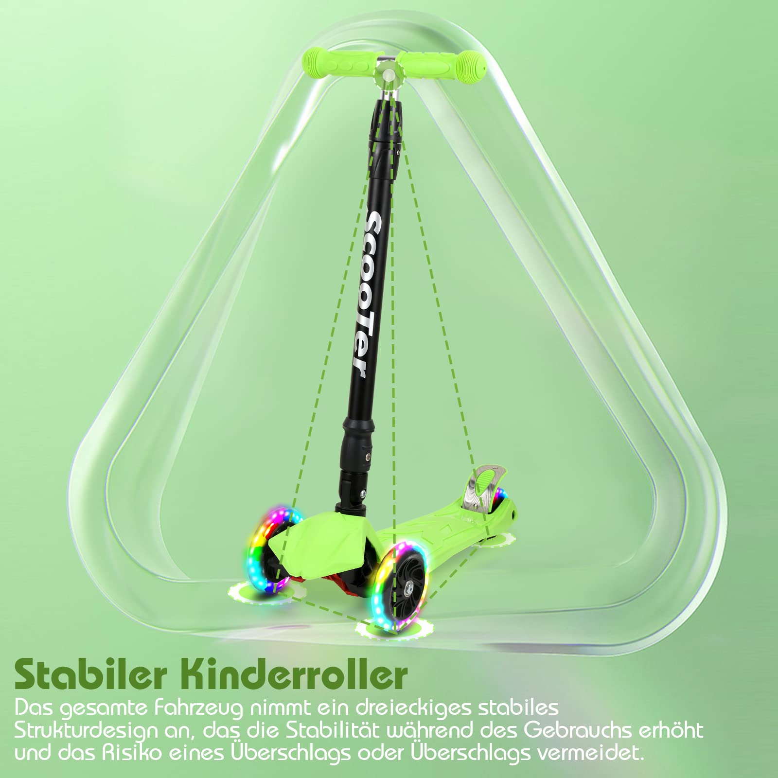 Sonnewelt Monopattino pieghevole per bambini, con 3 ruote a LED e manubrio regolabile in altezza, freni posteriori, fino a 50 kg, per scooter bambini dai 3 ai 14 anni