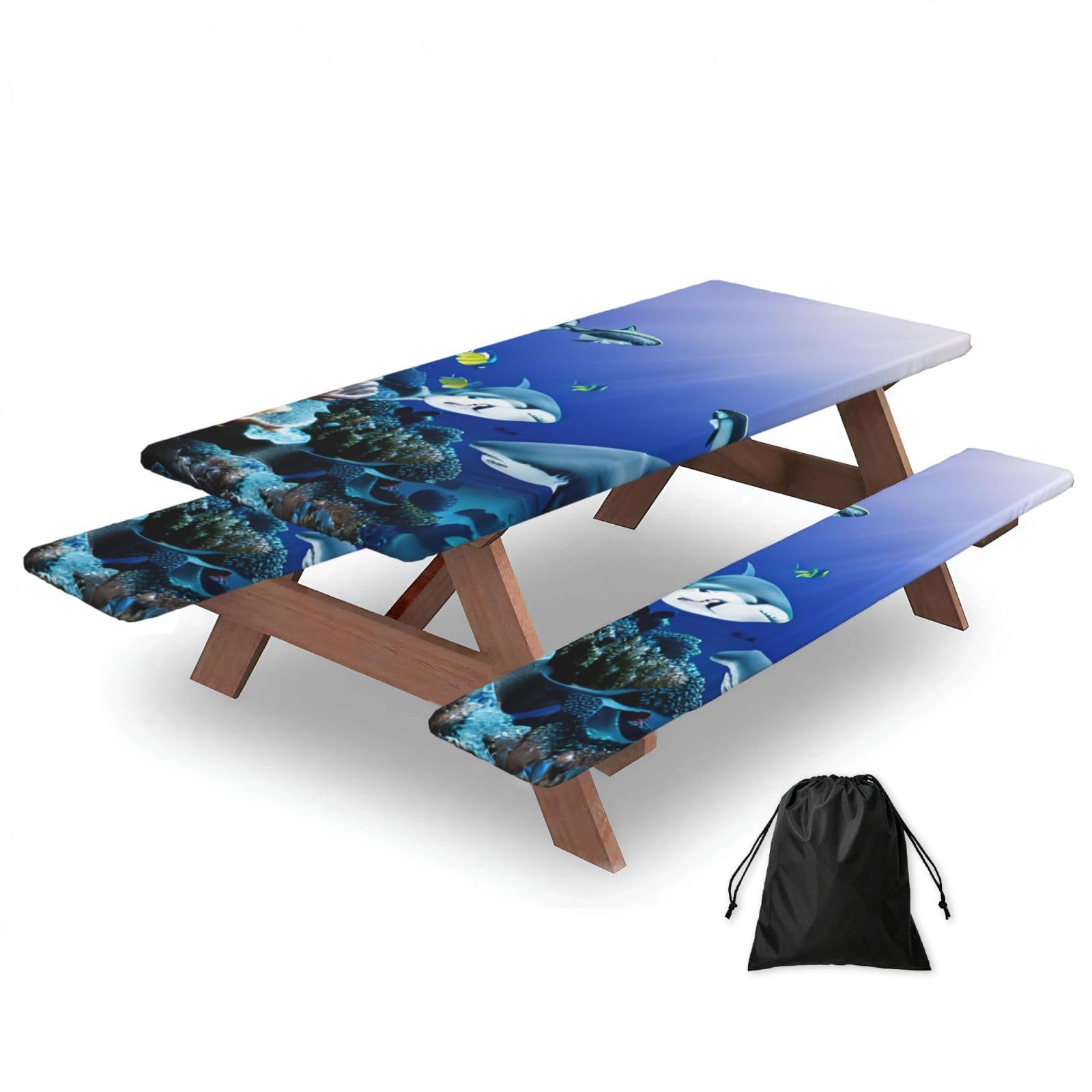 AYYQWE Shark Swimming Under The Sea Print Picnic Table Bench Cover Outdoor Garden Party Decor Daily Accessory Gift