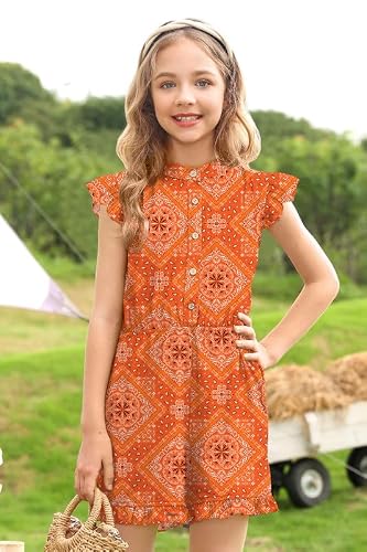 Besserbay Girl's Bohemian Print Print Romper Trendy Ruffled Sleeveless Round Neck Casual Summer Jumpsuit 13-14 Years #TOP1
