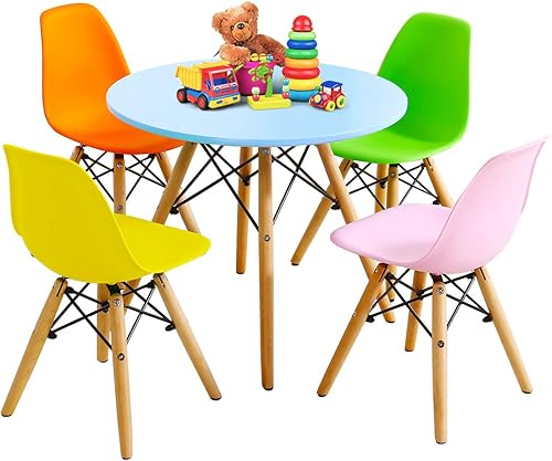 Miniatura 11 de Costzon Juego de mesa y silla para niños, 5 piezas de escritorio para niños de estilo moderno de mediados de siglo con patas de madera, marco de