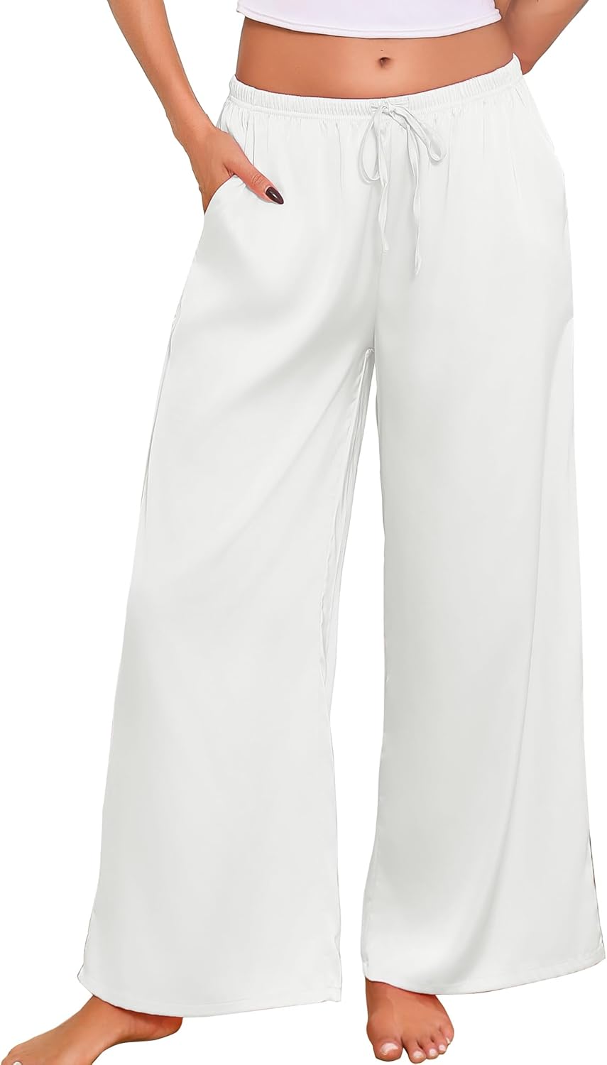 ENJOYNIGHT Womens Satin Silk Pajama Pants Lounge Long Pj Bottoms with Pockets & Drawstring