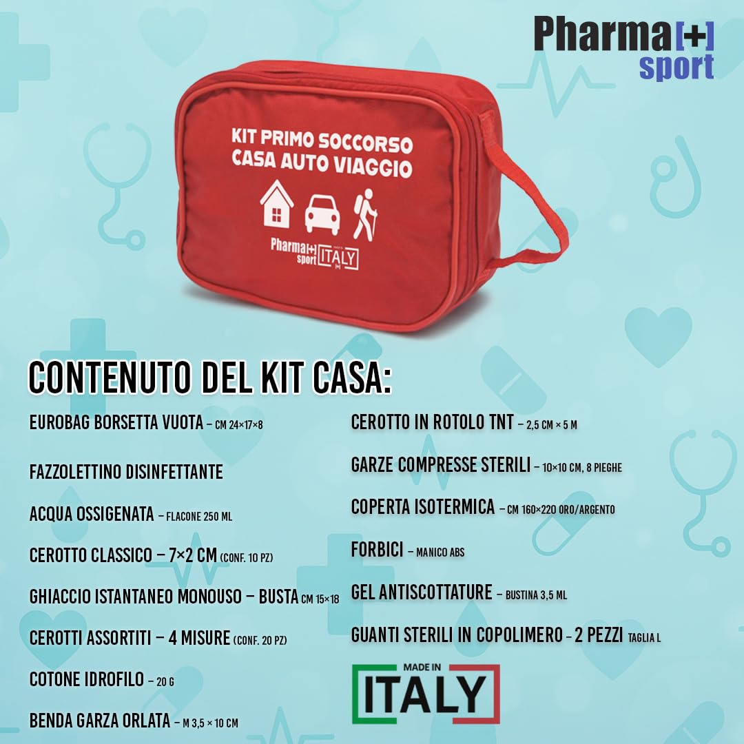 PHARMAPIÙ SPORT – Kit Primo Soccorso per Casa, Auto e Viaggio | Borsa Emergenza Completa con Garze, Cerotti, Disinfettante e Guanti | MADE IN ITALY