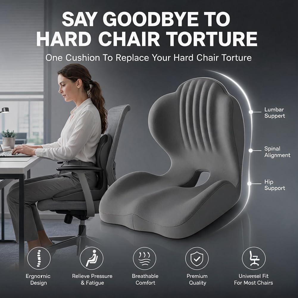 Gohytal Cojín de asiento para silla de oficina con respaldo, cojín ortopédico, asiento en forma de L y cojín lumbar de espuma viscoelástica, soporte lumbar para silla de oficina, asiento de coche