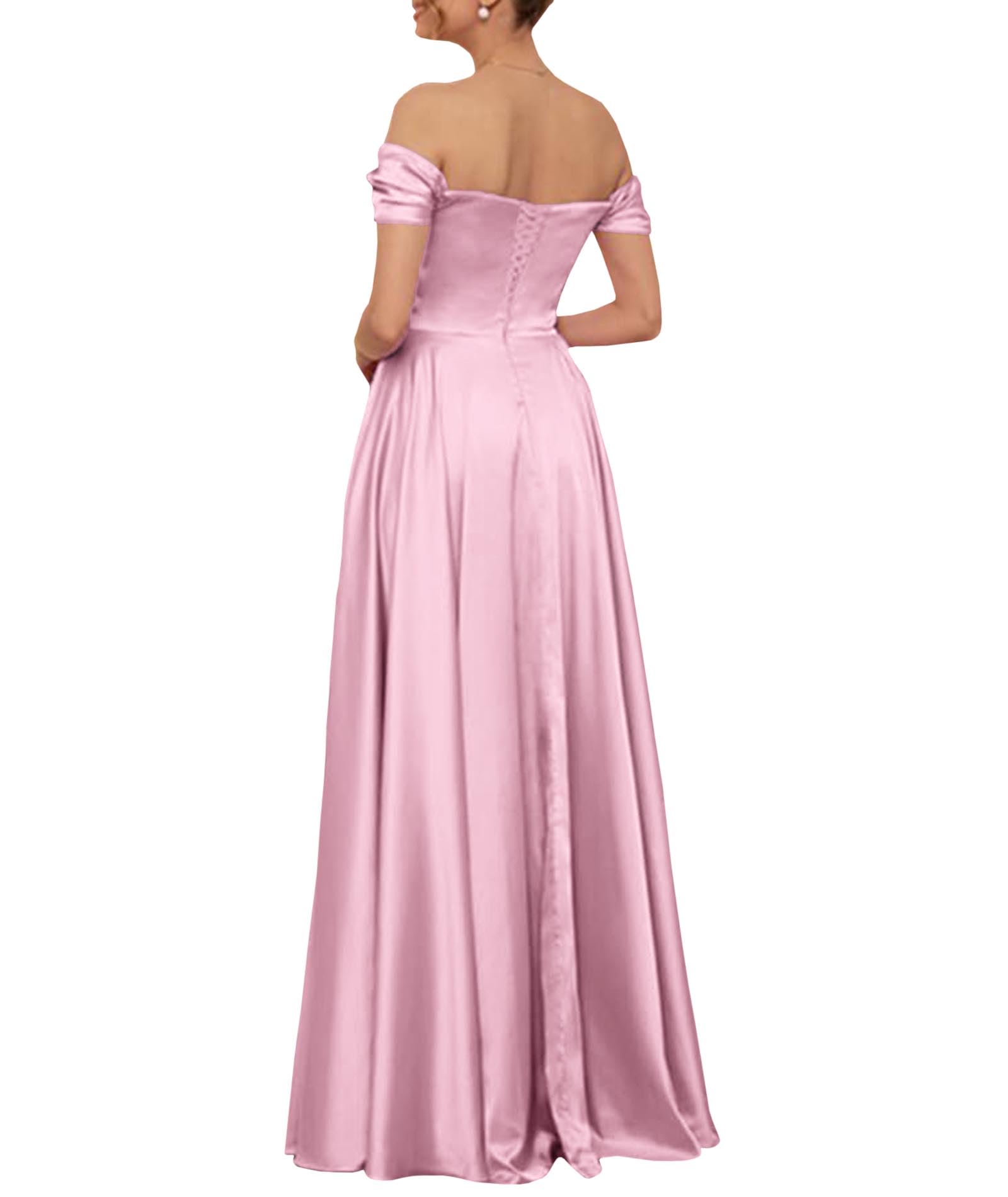 ECDAHICC Vestido de dama de honor sin hombros para mujer, de satén, con abertura larga, elegante, formal, línea A, vestido de boda y fiesta
