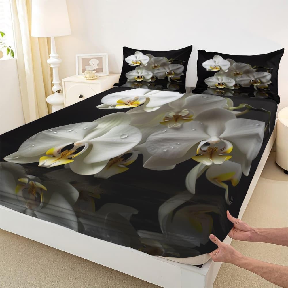 Prześcieradło z gumką 200 x 200 cm Magnolia Kwiaty 3D o wysokiej rozdzielczości, miękkie, oddychające dla 2 osób, prześcieradło z gumką - głęboka kieszeń 30 cm, biały zestaw pościeli dziecięcej z