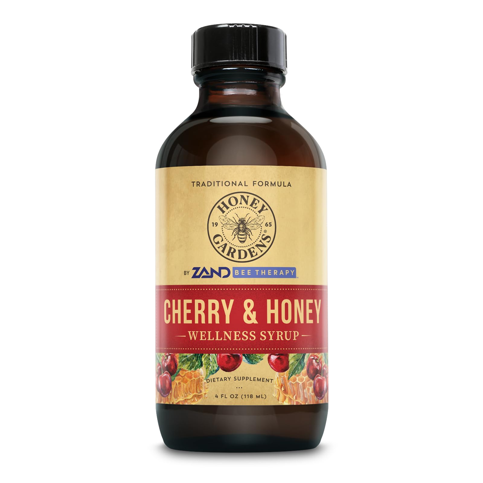 Honey Gardens Cherry & Honey Soothing Throat Syrup, Apitherapy Formula with Organic Raw Honey, Organic Apple Cider Vinegar, Black Cherry, and Herbal