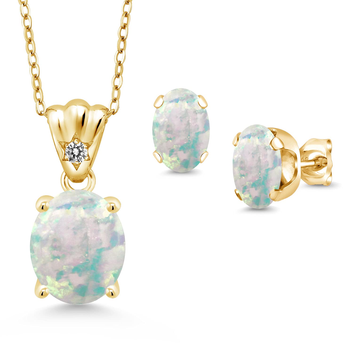 18K Yellow Gold Plated Silver White Opal and White Diamond Pendant and Earrings Jewelry Set For Women (4.03 Cttw, Gemstone Birthstone, Oval Cabochon 11X9MM and 8X6MM with 18 Inch Silver Chain)