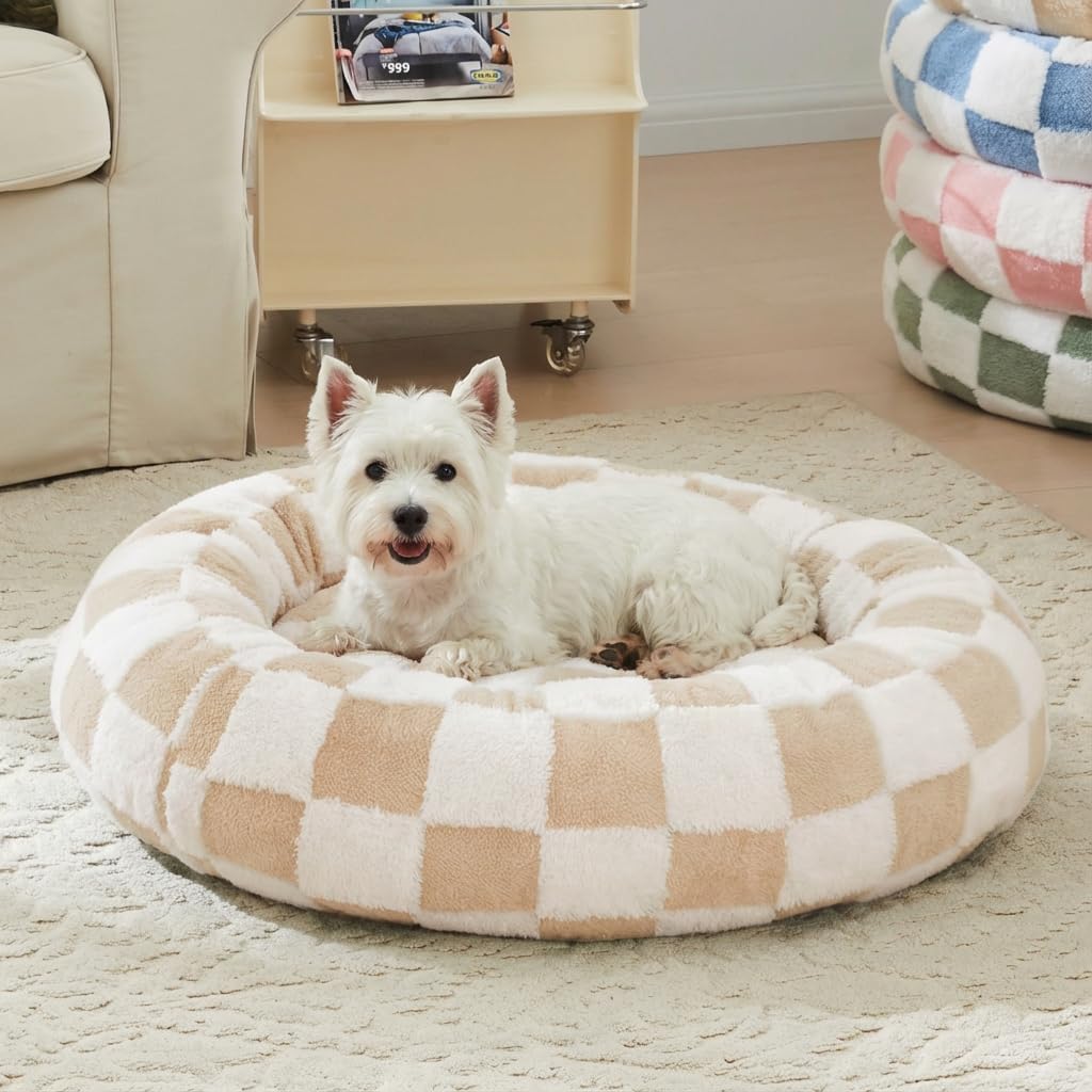 Checkered Dog Bed, Cute Beige Khaki Retro Style Aesthetic Round Warming Pet Calming Beds for Small Dog and Cats, Plush Cozy Donut Dog Beds Washable, 30″ L x 30″ W x 8″ Th