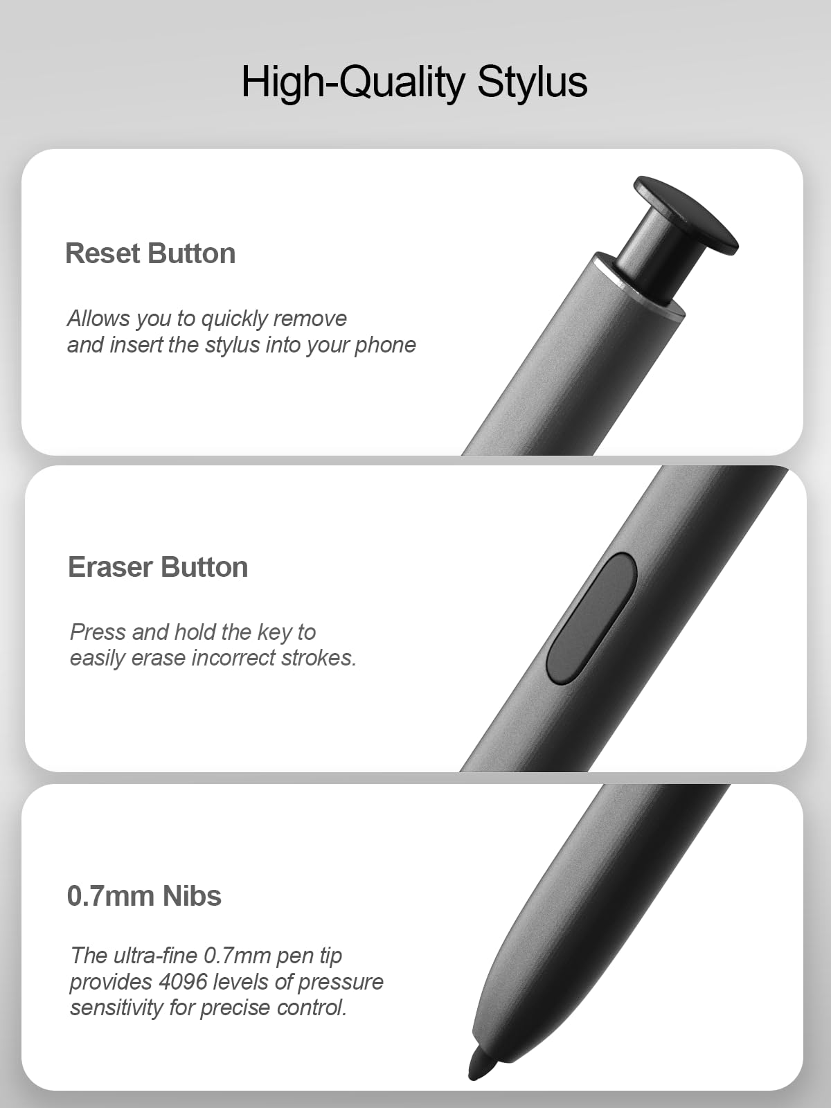 Stylet pour Samsung Galaxy S24 Ultra 5G, S24 Ultra S Pen Kit de remplacement avec sensibilité à la pression 4096, sans Bluetooth, gris foncé