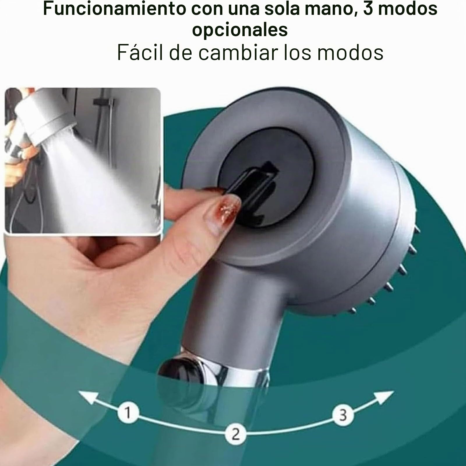 Cabezal de ducha de mano con filtro de refuerzo visual, ajustable en cuatro modos con manguera de 1,5 m + 5 filtros de algodón