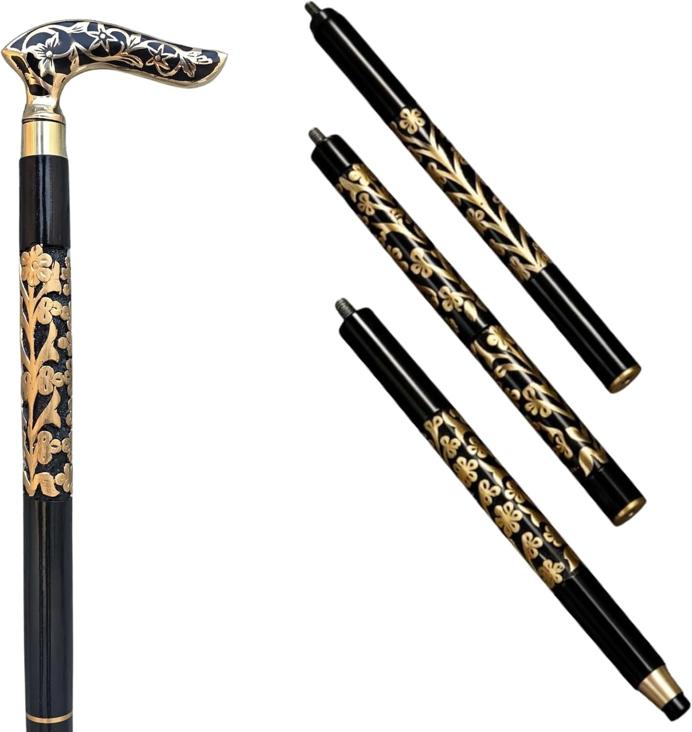 Handgefertigter Gehstock aus Holz, Schwarz Gold, Blumendesign, ergonomischer Komfortgriff, stilvolles Design, langlebiger Gehstock für Männer und Frauen, Stützstock für Senioren & ältere