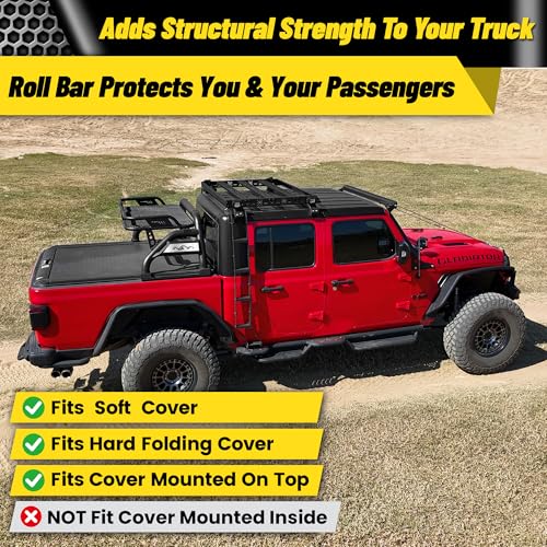 Image of MONOKING Mid Size Roll Bar with Detachable Cargo Basket 3rd Brake Light, for Tonneau Cover for 2007-2026 Tacoma Gladiator Colorado Ranger Canyon Frontier Dakota, Rugged Carbon Steel