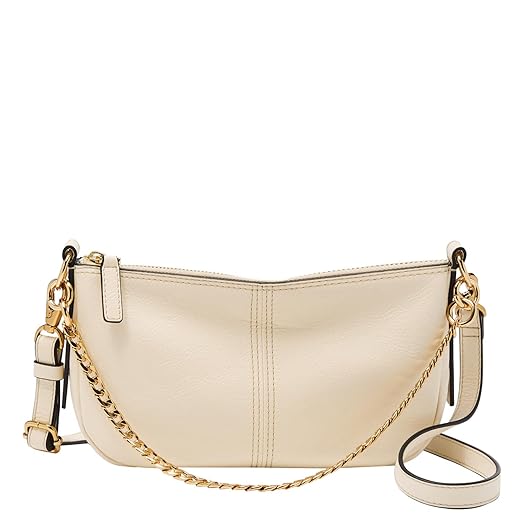 Fossil Women's Jolie Leather & Fabric Small Shoulder Bag Purse Handbag, Natural/Saddle Patchwork w/ Chain (Model: ZB1869194)