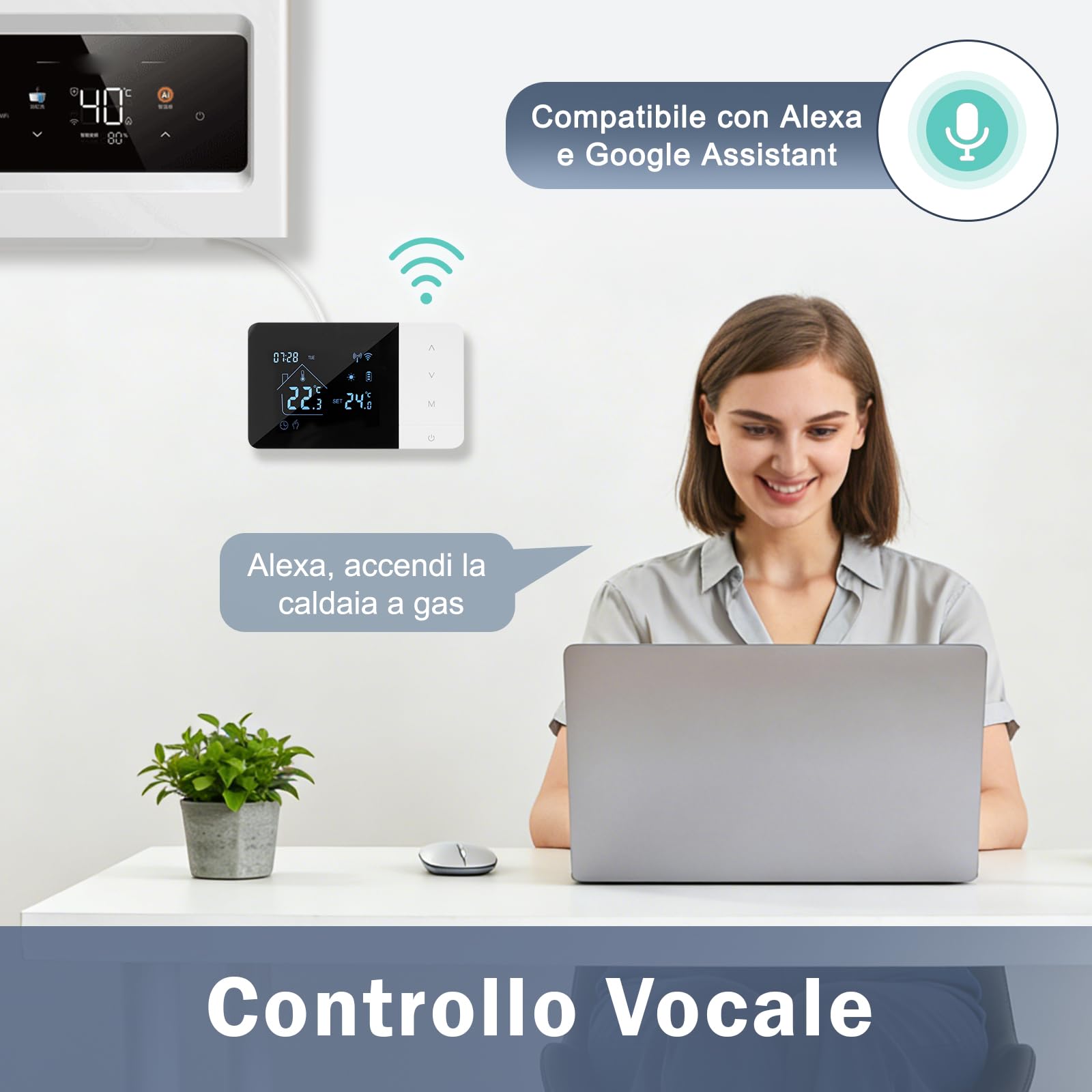 Termostato Caldaia, WIFI Termostato domestico digitale programmabile, Alimentato a batteria, Caldaia 2 fili compatibile con controllo vocale di Google e Alexa