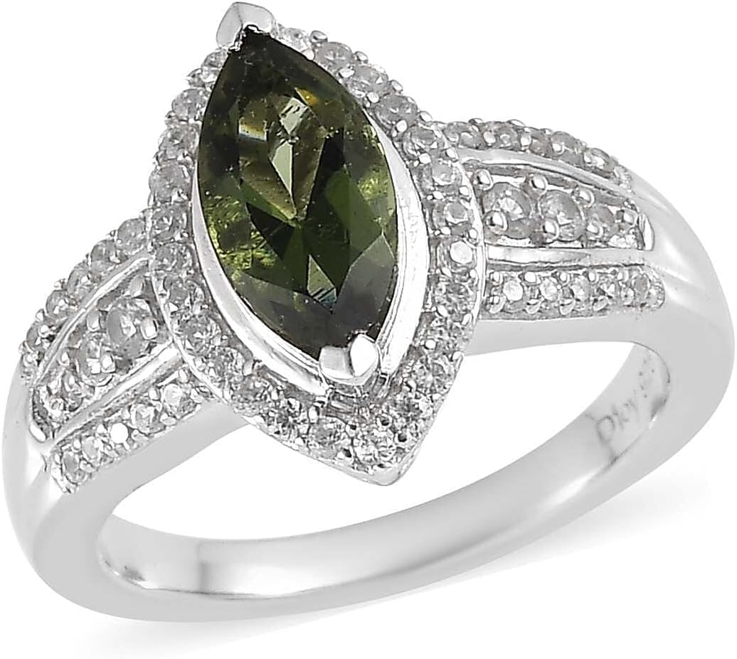 Moldavite Zircon Engagement Rings for Women - Promise Rings for Her 925 Sterling Silver Platinum Plated Moldavite Ring Wedding Jewelry Anniversary Birthday Christmas Gifts for Women