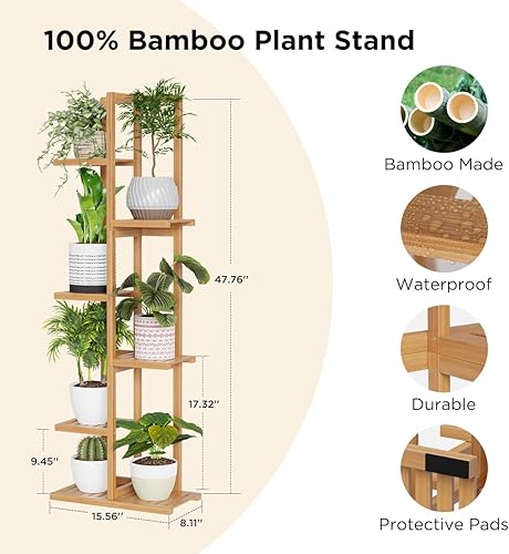 Miniatura 8 de Soporte alto para plantas, soporte de bambú para interiores y exteriores, 6 niveles y 7 macetas para múltiples plantas y macetas, soporte