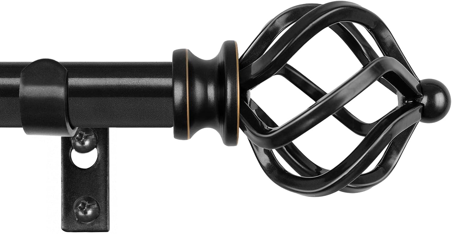 KAMANINA Black Curtain Rod 32 to 58 Inch(2.6-4.8ft), Adjustable Curtain Rods for Windows 28 to 48 Inch, 3/4 Inch Splicing Drapery Rods with Twisted Cage Finial Black 32-58"