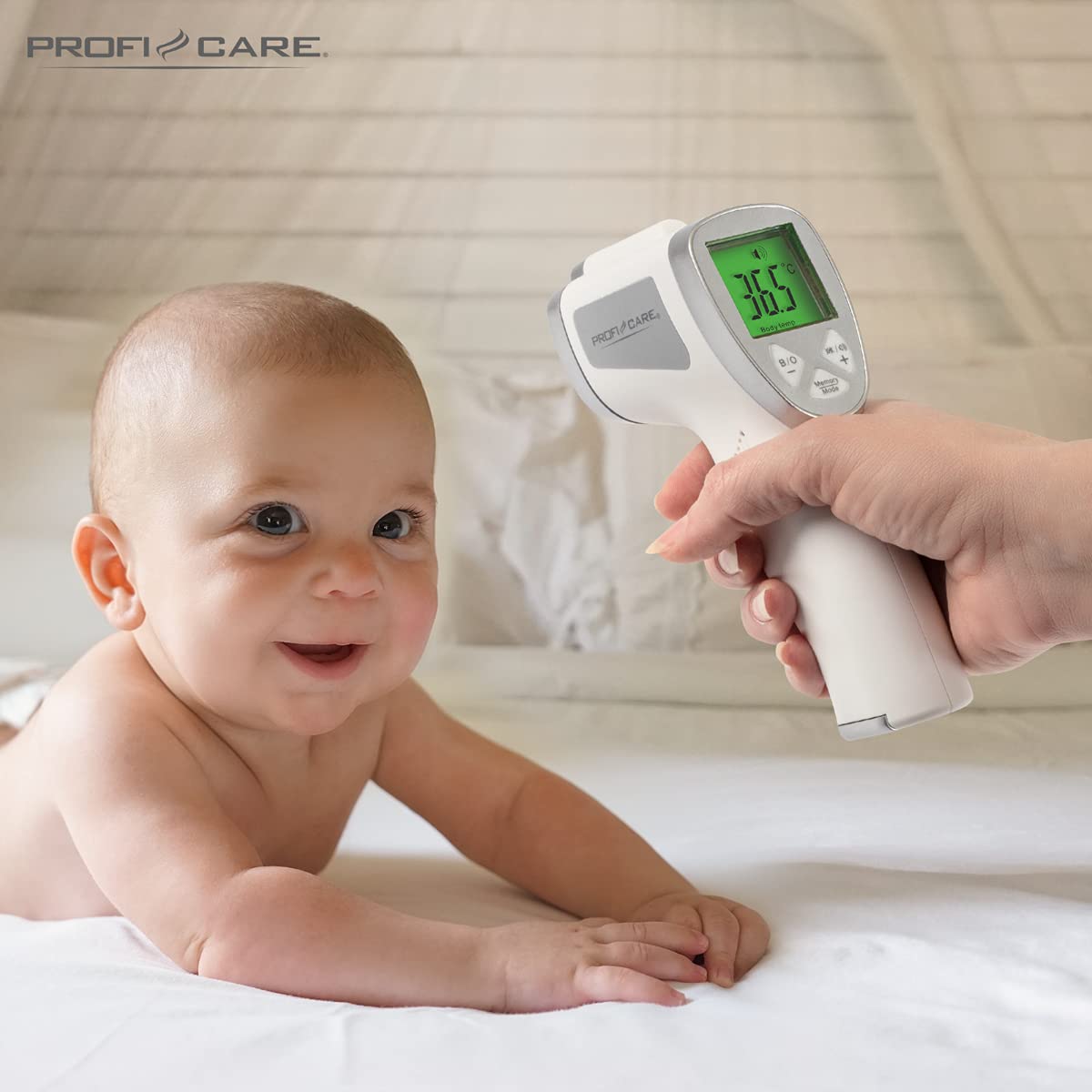 ProfiCare PC-FT 3094 - Termometro per febbre senza contatto, per neonati e adulti con 3 colori LCD