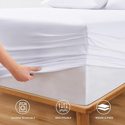 Miniatura 4 de Horbaunal Sábana bajera de bolsillo extra profundo tamaño Queen  Se adapta a colchones de hasta 24 pulgadas  Lujosa 1800 hilos  Sábana bajera de