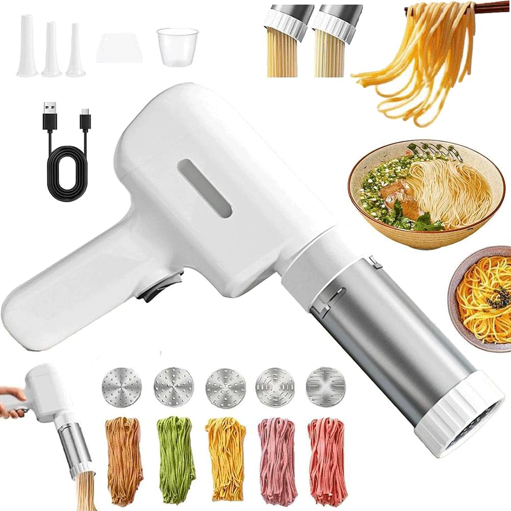 String Hopper Maker Electric,Idiyappam Maker Electric,Portable Household Handheld 5-in-1 Cordless Pasta Maker Machine,with 5 Interchangeable Molds,for Making Spaghetti Linguine,Easy Cleaning