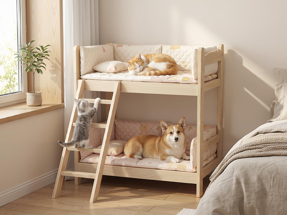 Caldion Haustierbett 2 Etagen 60x45x70 cm stabiles Katzen- und Hundebett mit Leiter belastbar bis 30 kg Haustiersofa für 2 Tiere mit Platz für Katzenklo unten für Wohnzimmer Schlafzimmer