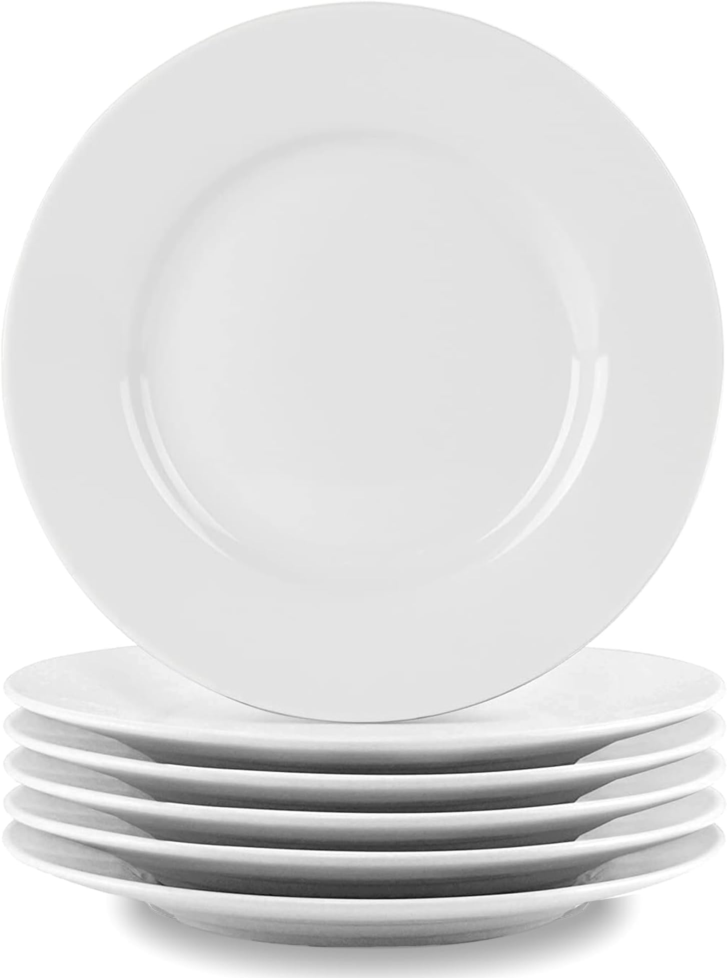 bestone 8 Inch Porcelain White Salad Plates Set, Porcelain Dessert/Salad Plate，Classic Round with Wide Rim, Lead-Free,Dishwasher, Microwave, Freezer, Oven Safe, for Everyday Use-Set of 6