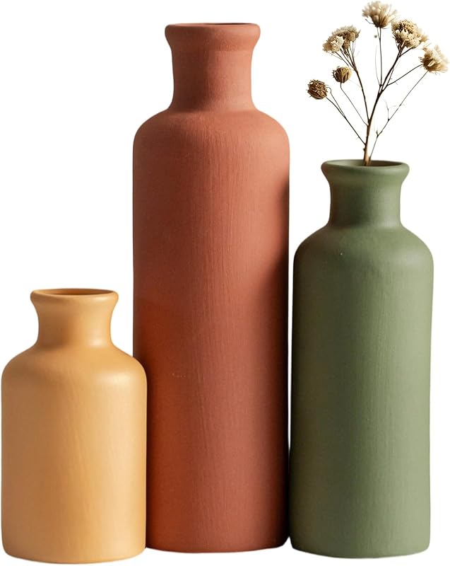 Juego de 3 jarrones de cerámica modernos, colores neutros, botellas decorativas para el hogar, decoración rústica de la granja, regalos de inauguración de la casa, regalos de boda, regalos de despedida de soltera, regalos de cumpleaños para mujeres (mezcla verde)