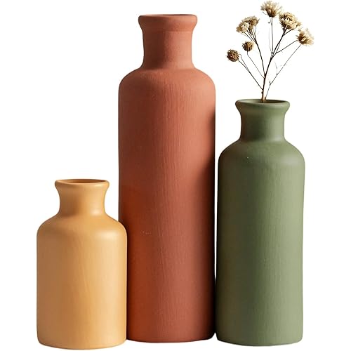 Modern Ceramic Vase Set of 3, Neutral Colors, Decorative Bottles for Home, Farmhouse Rustic Decor, Housewarming Gifts, Wedding Gifts, Bridal Shower Gifts, Birthday Gifts for Women (Green Mix)