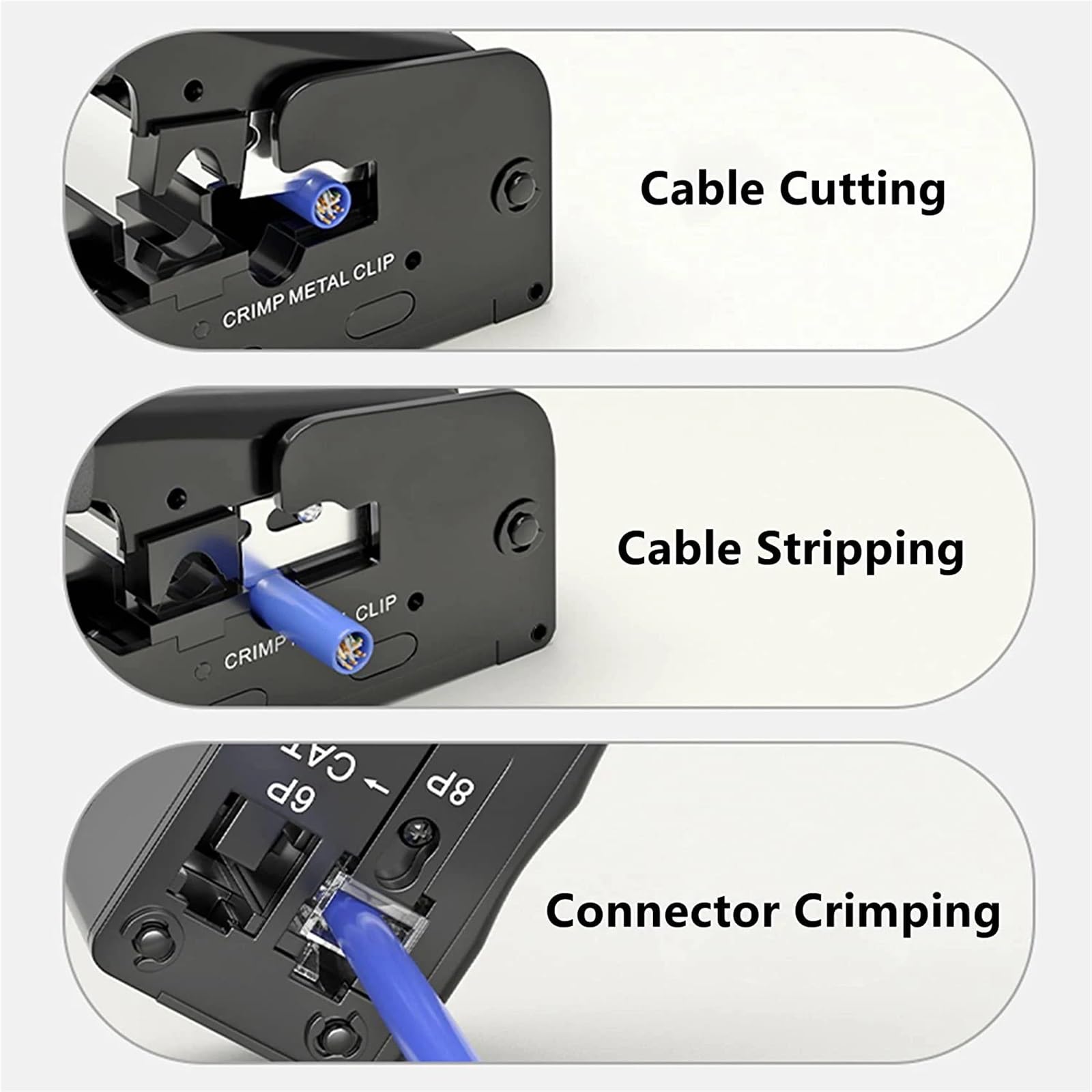Crimpatrice passante all-in-one for connettori di rete standard e schermati RJ45 RJ12 RJ11 e CAT5/5e CAT6 CAT6a CAT7(Black)