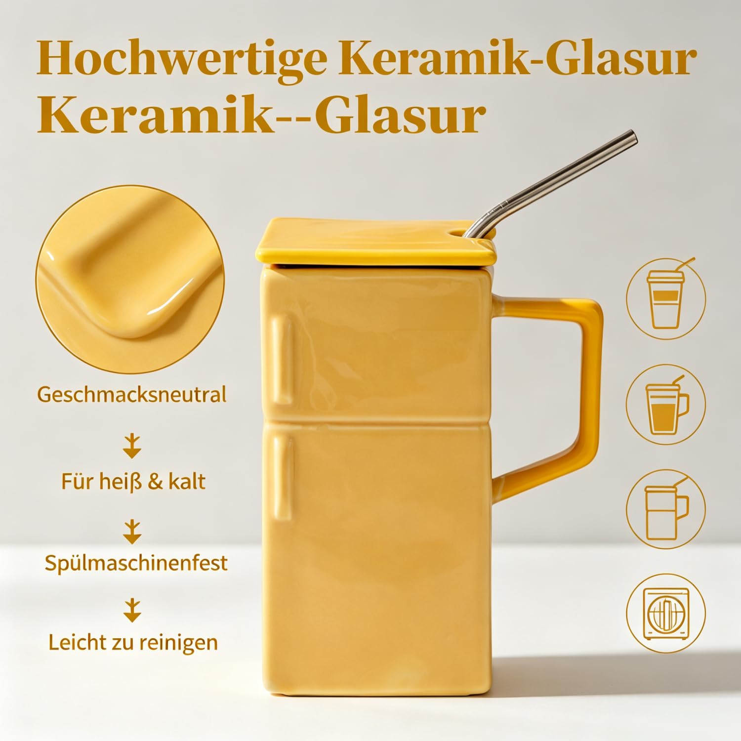 Kühlschrank Becher Keramik - Retro mit Deckel und Strohhalm (Grün + Silber)
